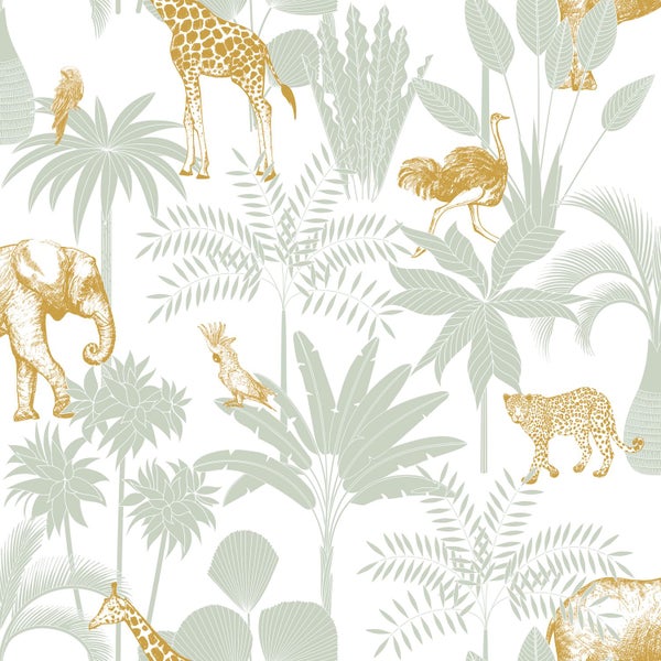 Tapete mit Safari-Tieren wie Giraffe, Elefant und Leopard sowie tropischen Pflanzen.