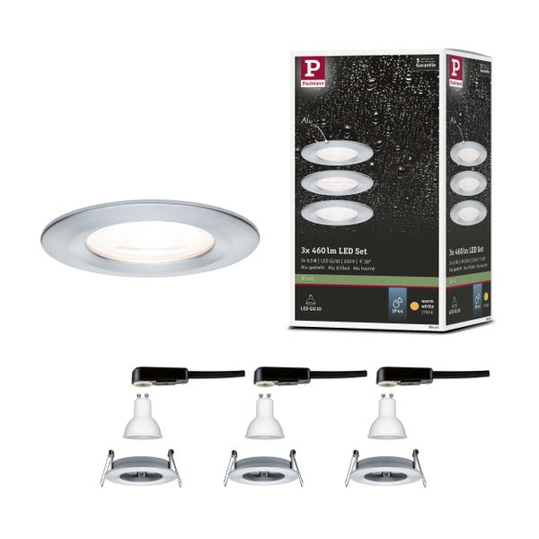 LED Einbauleuchte Nova Basisset starr IP44 rund 78mm GU10 3x6,5W 3x460lm 230V 2700K Alu gedreht