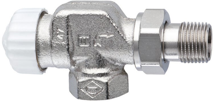 Thermostat-Eckventil aus vernickeltem Metall mit weißer Baukappe für Heizkörper.
