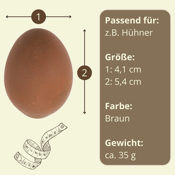 Braunes Dekorationsei mit Größenangaben und Anwendungsbeispiel für Hühner