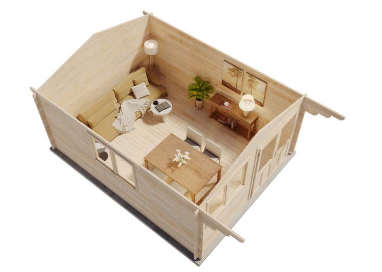 Szene mit Sofa, Kissen, Hocker, Teppich und Kerzen