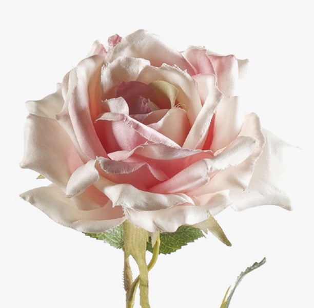 Künstliche Rose aus Textil und Kunststoff mit rosafarbenen Blütenblättern und grünem Stiel.