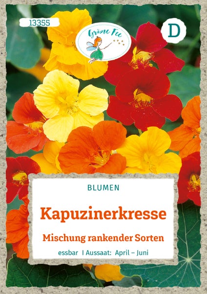 Samentüte Grüne Fee Kapuzinerkresse, Mischung rankender Sorten, essbar, Aussaat von April bis Juni.