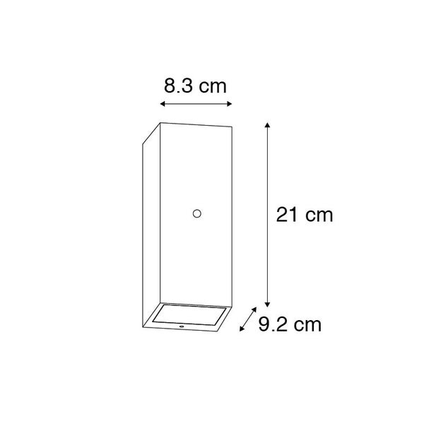 Technische Zeichnung einer rechteckigen Wandleuchte mit den Maßen: Breite 8,3 Zentimeter, Höhe 21 Zentimeter, Tiefe 9,2 Zentimeter.