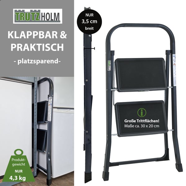 Zweistufige Klapptrittleiter aus Metall von Trutzholm mit großen Trittflächen und platzsparendem Design.