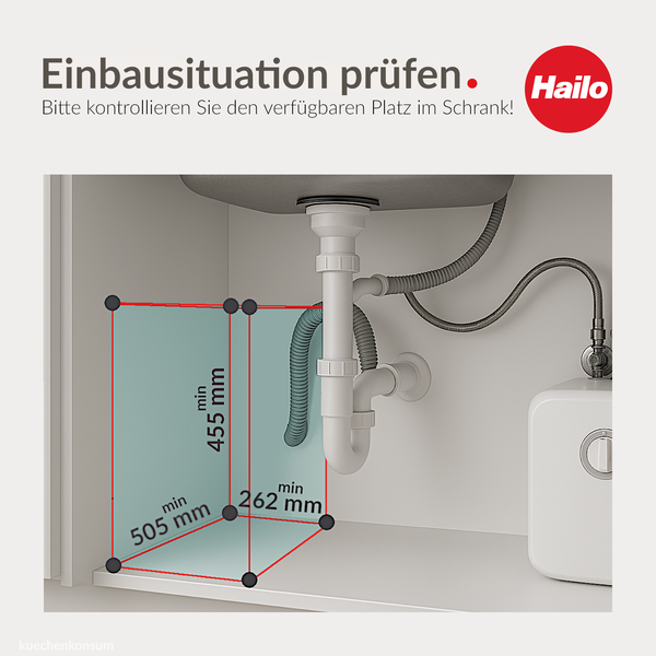 Einbauskizze für Spülenschrank mit Siphon, Maße: Höhe 455 Millimeter, Tiefe 505 Millimeter, Breite 262 Millimeter. Hailo Logo.