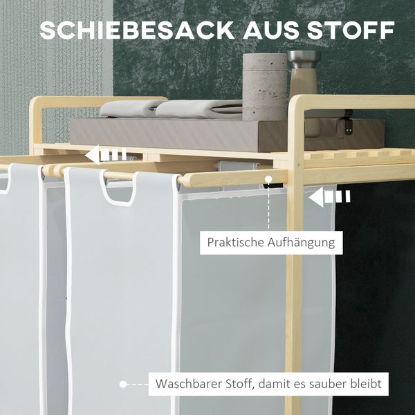 HOMCOM Bambus Wäschekorb 2 Fächer Wäschesammler mit Griff, 2 abnehmbaren Wäschesacke, Plattform, Wäschebox Wäschesortierer für Waschküche Schlafzimmer Badezimmer Natur+Creme