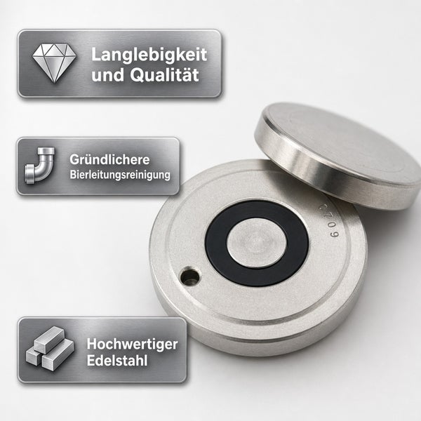 Edelstahl Reinigungskugel für Bierleitungen mit Hinweisen zu Langlebigkeit, gründlicher Reinigung und Materialqualität.