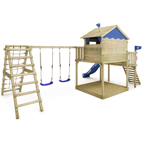 WICKEY Spielturm Klettergerüst Smart Ocean mit Schaukel und Rutsche, Stelzenhaus mit Sandkasten, Kletterleiter und Spiel-Zubehör - blau