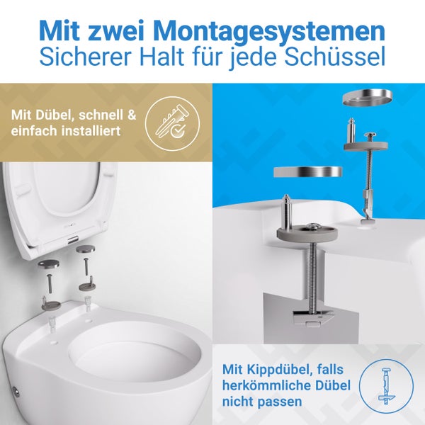 Zwei Montagesysteme für Toilettensitze: Standarddübel zur einfachen Installation und Kippdübel für alternative Befestigungsmöglichkeiten.