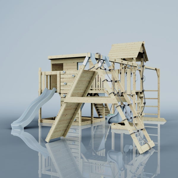 Spielturm aus Holz mit Rutsche, Kletterwand und Schaukel