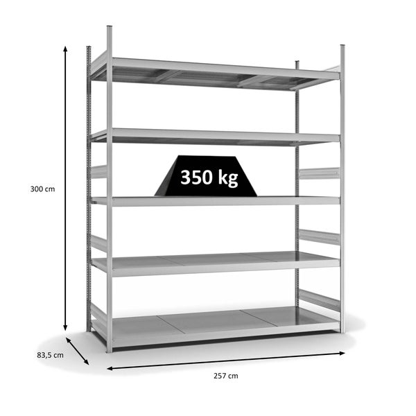 PROREGAL Weitspannregal Stecksystem T-Profil Grundregal HxBxT 300x250x80 cm 5 Ebenen Stahlplatten Fachboden Fachlast 350 kg Verzinkt