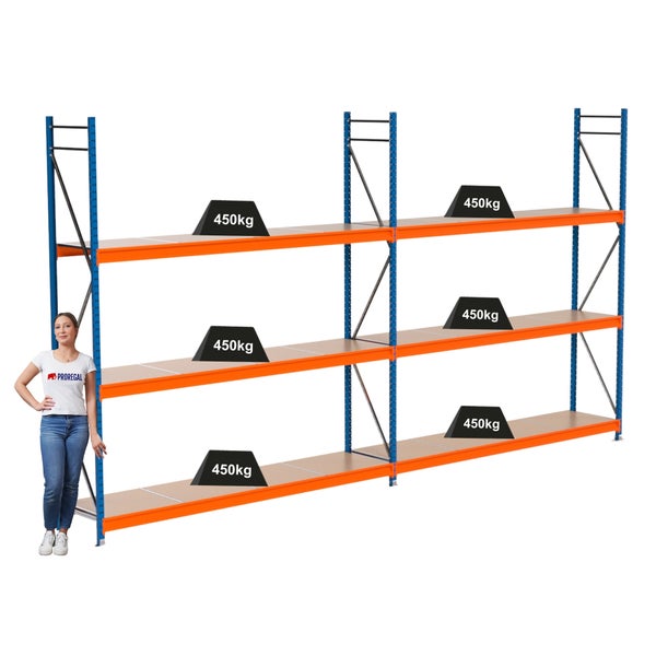 Lagerregal mit drei Ebenen und Gewichtsangabe von 450 Kilogramm