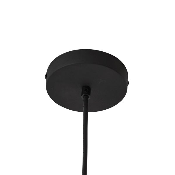 Schwarzer, runder Deckenbaldachin für Pendelleuchten mit schwarzem Kabel.