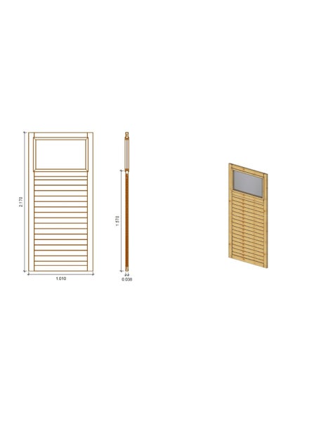 Holztür mit Fenster und horizontalen Lamellen, technische Zeichnung mit Maßen 1,010 mal 2,170 Meter.