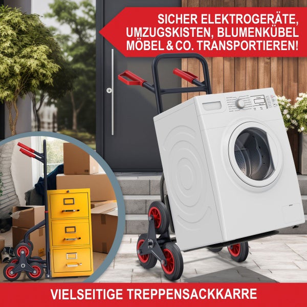 Vielseitige Treppensackkarre aus schwarzem Metall mit Drei-Rad-Stern-System beim Transport einer Waschmaschine vor einem Hauseingang.