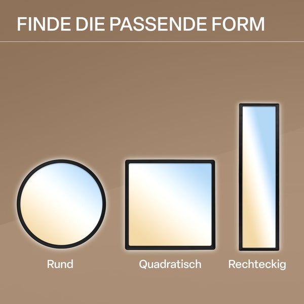 Runde, quadratische und rechteckige Panels mit schwarzem Rahmen zur Auswahl der passenden Form.