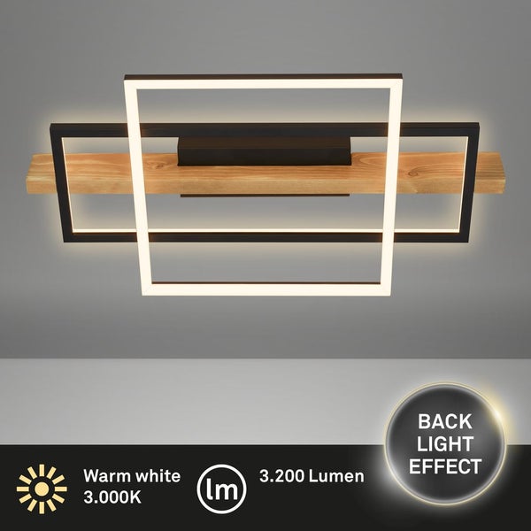 Briloner Cadre LED Deckenlampe, Indirektes Licht, 3 Stufen Schaltung, Holzdekor, Warmweißes Licht, Schwarz-Holz, 55 x 30 x 8 cm