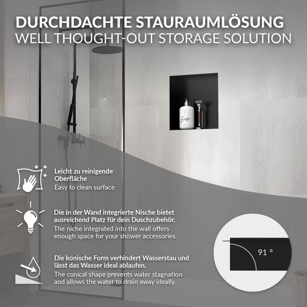 Wandnische für die Dusche mit Ablagefläche, leicht zu reinigender Oberfläche und 91 Grad Neigung für optimalen Wasserablauf.