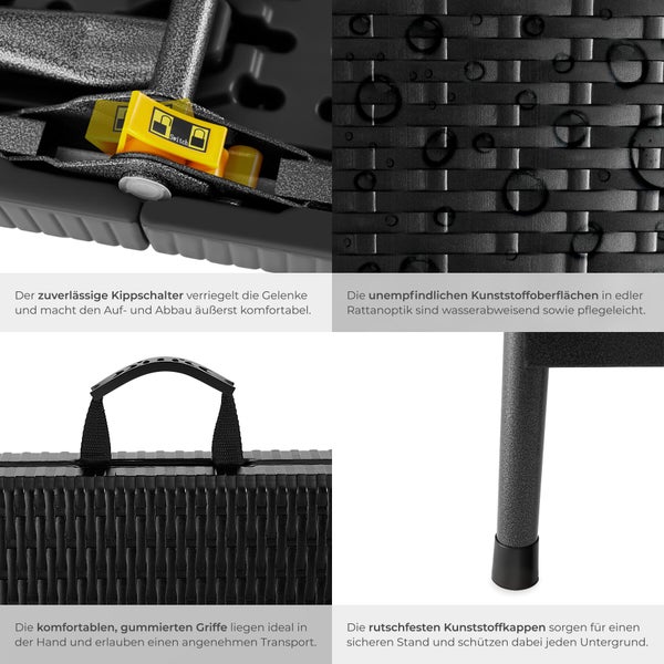 Detailansicht eines schwarzen Gartenmöbels mit Kippschalter, Rattanoptik, gummierten Griffen und rutschfesten Kunststoffkappen