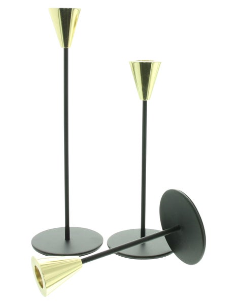 FRANK FLECHTWAREN | Stabkerzenhalter Schwarz & Gold, 3er Set, METALL, 8 x 8 x 16 cm, 8 x 8 x 20 cm, 8 x 8 x 25 cm