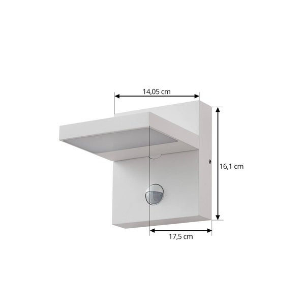 Weiße Außenwandleuchte mit Bewegungsmelder, Breite 14,05 Zentimeter, Höhe 16,1 Zentimeter, Tiefe 17,5 Zentimeter