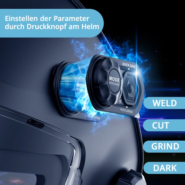 Detailansicht der Parametereinstellung per Knopfdruck am Schweisshelm