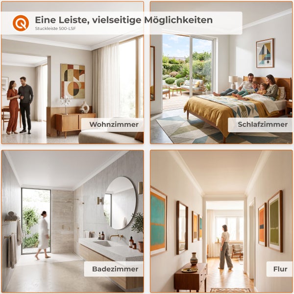Wohnbeispiele für die Stuckleiste 500-LSF in Wohnzimmer, Schlafzimmer, Badezimmer und Flur zur dekorativen Deckengestaltung.
