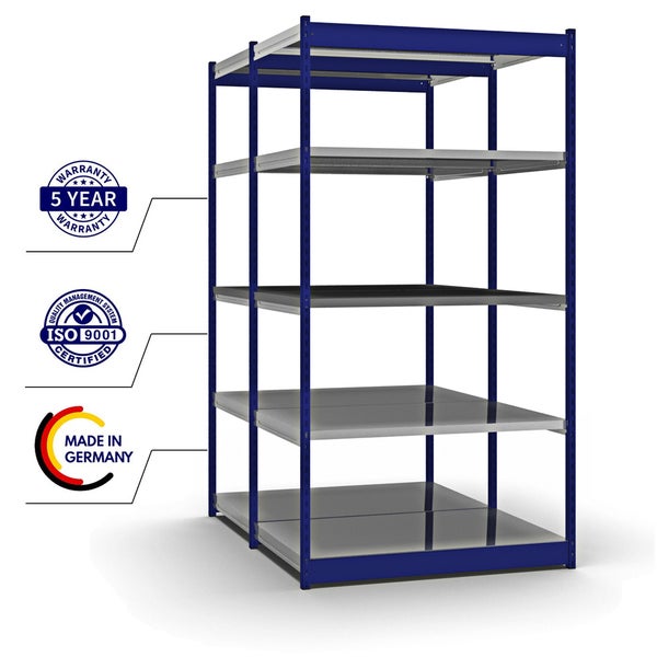 PROREGAL Fachbodenregal Stecksystem Vierkant-Profil Grundregal HxBxT 200 x 132,5 x 80 cm 2x5 Ebenen Doppelseitige Bauart Fachlast 200 kg Enzianblau
