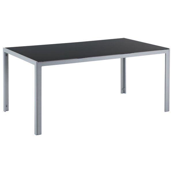 Moderner rechteckiger Gartentisch mit Aluminiumgestell und Tischplatte aus Glas.