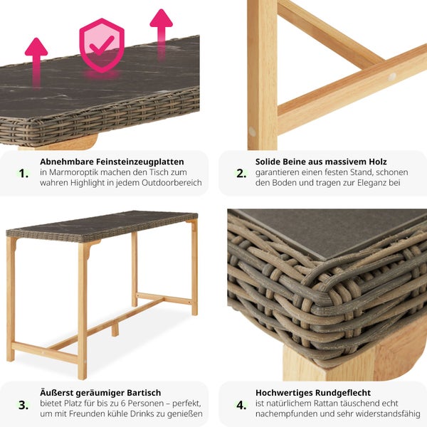 Rattan Tisch tectake Lovas 161 x 64,5 x 99,5 cm mit Aluminium- und Holzgestell natur