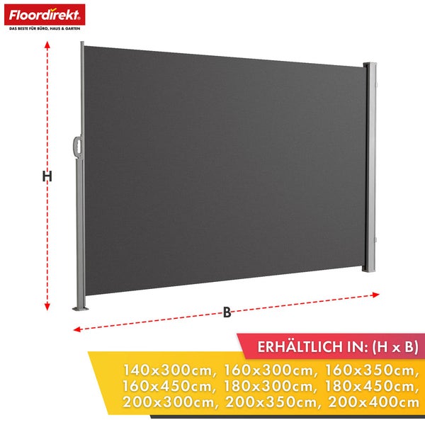 Freistehende Seitenmarkise mit Höhen- und Breitenangaben