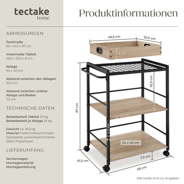 Produktinformationen Servierwagen mit Abmessungen und technischen Daten