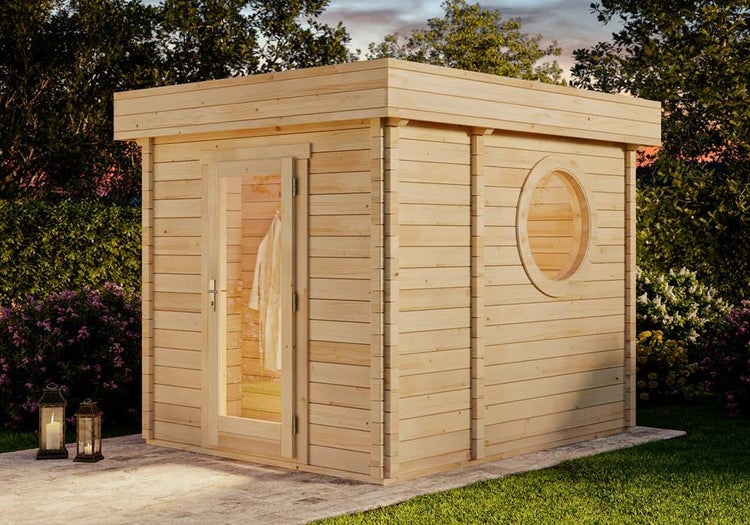 FinnTherm Saunahaus Cubus-70 B Gartensauna 3 Sitzbänke aus Holz, Sauna mit 70 mm Wandstärke, Außensauna mit Montagematerial, Naturbelassen 2,4x3m