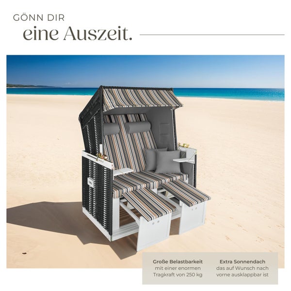 Strandkorb tectake Sylt 115 x 158 x 78 cm gepolstert mit ausziehbaren Fußbänkchen schwarz/grau/braun