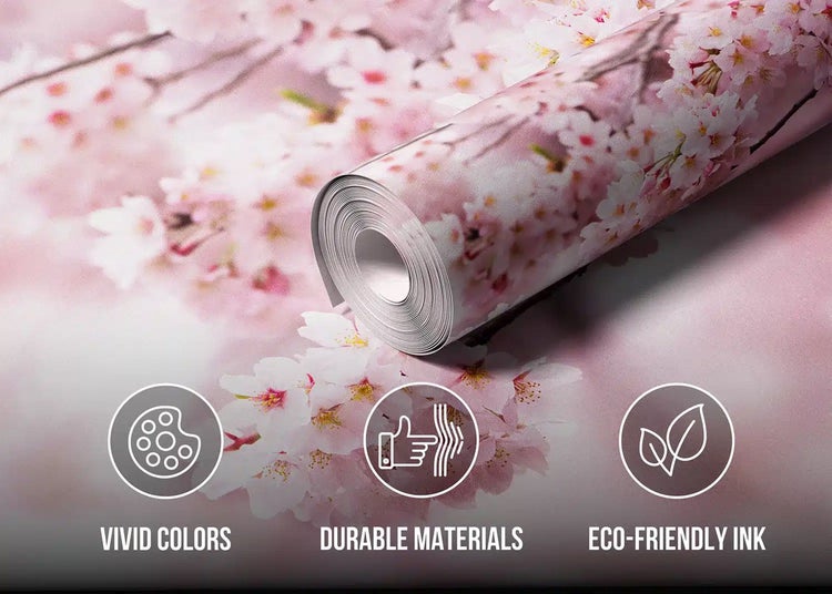 Tapetenrolle mit Kirschblütenmuster, lebendige Farben, langlebige Materialien und umweltfreundliche Tinte.