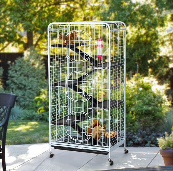 Weißer Nagerkäfig mit Ebenen und zwei Hörnchen im Freien