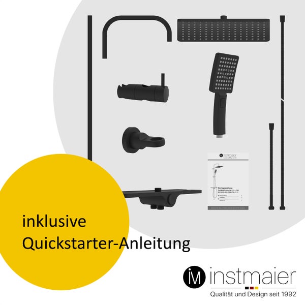 instmaier Duschsystem DS4 | Extra große Regendusche | Regendusche mit großer Ablage | Duschset Schwarz Matt | Handbrause mit 3 Funktionen