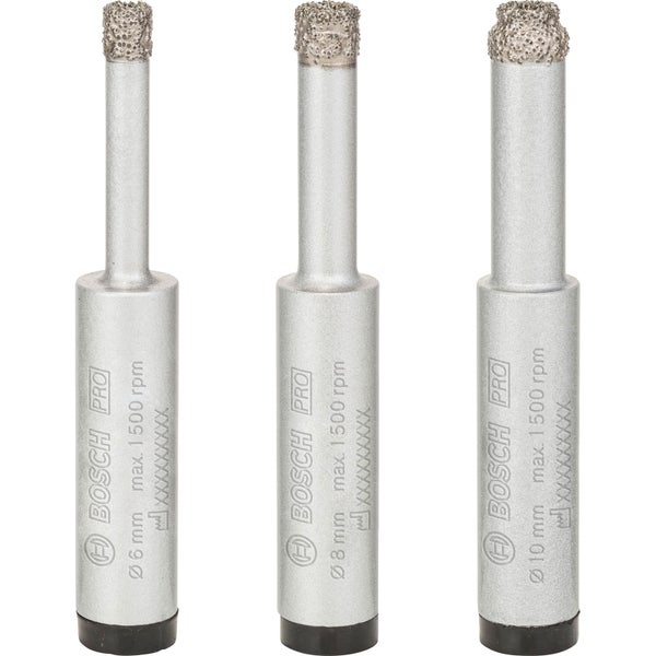 Drei Bosch Pro Fliesenbohrer mit Durchmessern von 6 mm, 8 mm und 10 mm.