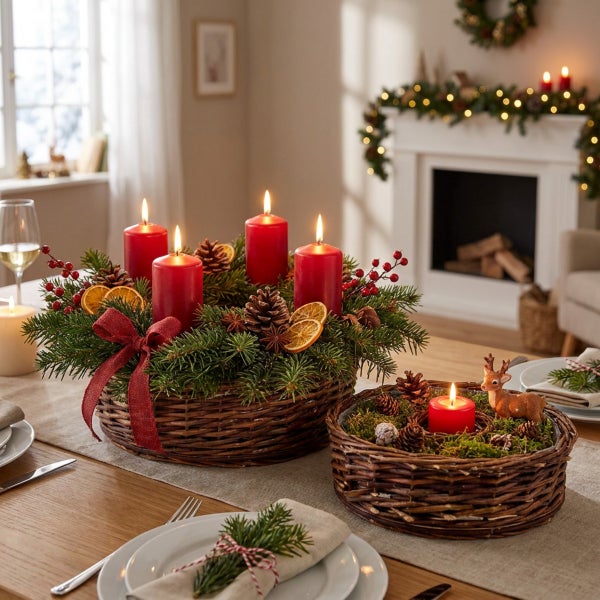 Adventskranz mit vier Kerzen und ein kleinerer Kranz mit einer Kerze und Hirschfigur auf einem festlich gedeckten Tisch im Wohnzimmer.