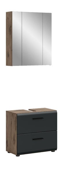 Badezimmermöbel-Set bestehend aus einem dreitürigen Spiegelschrank in Holzoptik und einem Waschtischunterschrank mit zwei anthrazitfarbenen Schubladen.