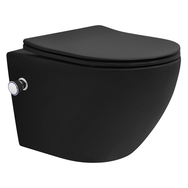 LuxeBath Wand WC Spülrandlos mit Bidet-Funktion, Schwarz matt, Tiefspüler Tornadospülung Keramik Hänge WC kurz 49cm, Dusch WC Softclose-Klodeckel abnehmbar, Kloschüssel Hängend WC-Sitz Absenkautomatik