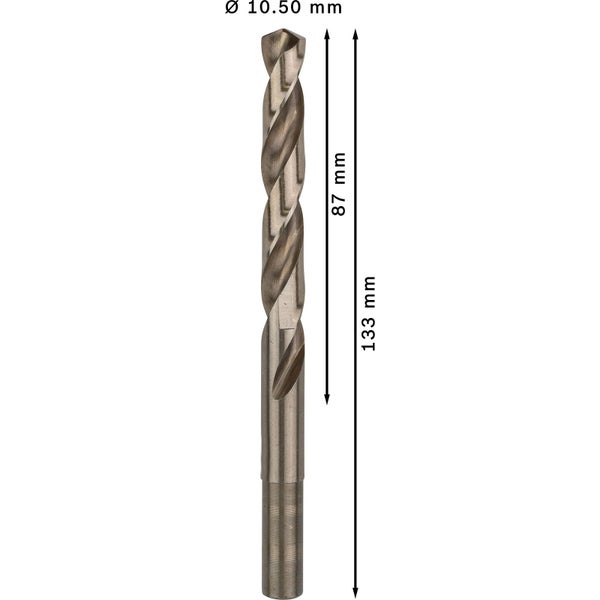 Metallbohrer mit einem Durchmesser von 10,50 mm und einer Länge von 133 mm.