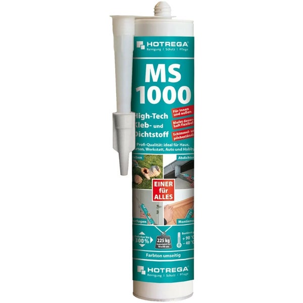 Hotrega MS 1000 High Tech Kleb- und Dichtstoff in der Kartusche für Innen- und Außenanwendungen.