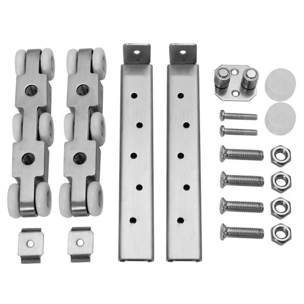 Set mit Rollenführungen, Führungsschienen und Montagematerial für Schiebetüren aus Metall