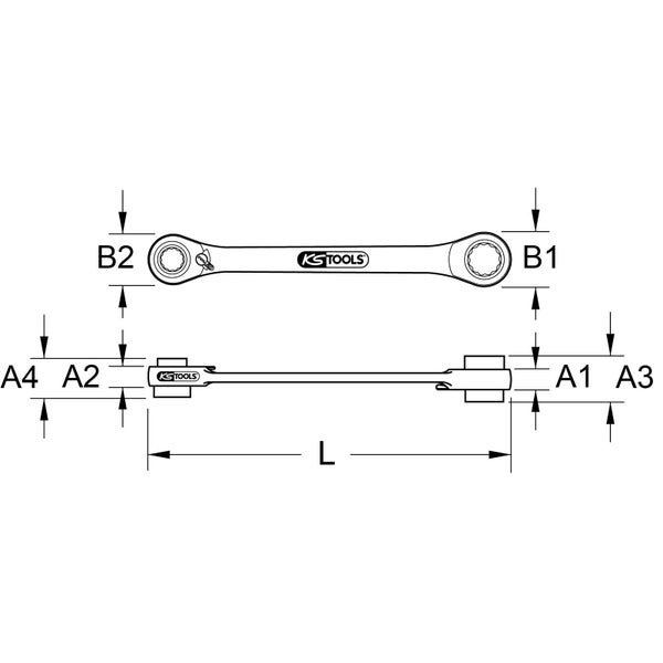 Abbildung eines Doppelringschlüssels mit Maßangaben und KS Tools Logo