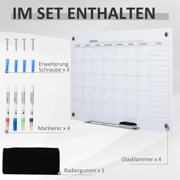 Vinsetto Whiteboard, 90 x 60 cm, Glasplatte, Weiß