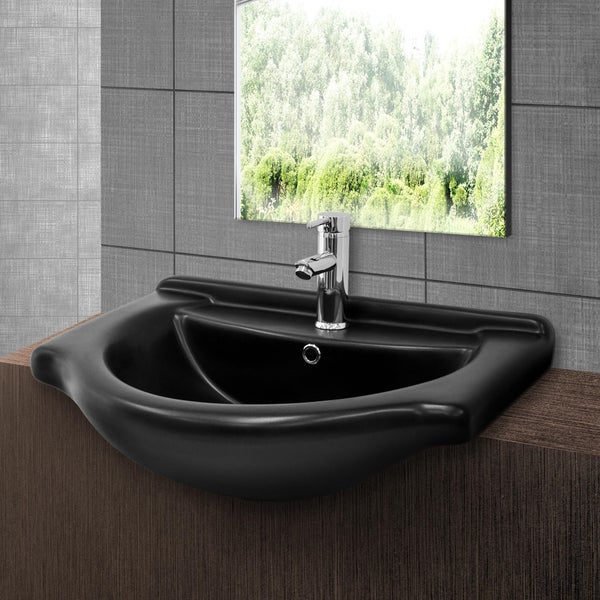 ML-Design Waschbecken Keramik Schwarz matt 67,5x51,5x21,5cm Oval mit Ablaufgarnitur, Einbauwaschbecken mit Hahnloch/Überlauf, Aufsatzwaschbecken Einbauwaschtisch Waschschale Waschplatz Handwaschbecken