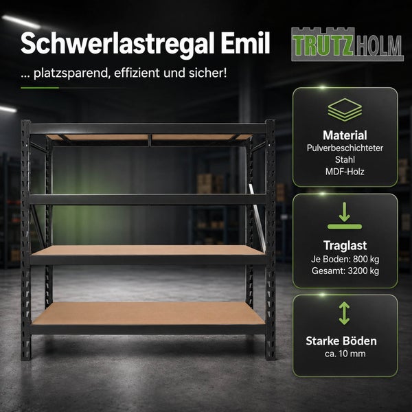 Trutzholm Schwerlastregal Emil aus Stahl und MDF mit 800 Kilogramm Traglast pro Boden und circa 10 Millimeter Bodenstärke.