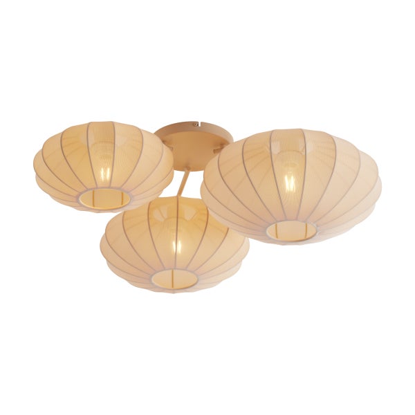 Dreiflammige Deckenleuchte mit gerippten Textilschirmen in organischer Form.